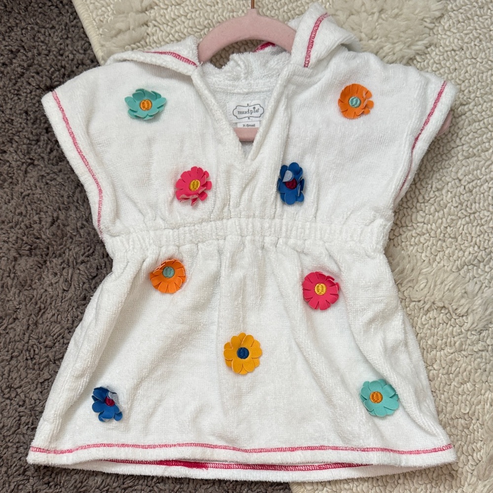 Mud Pie White Kids Swim Coverup with Multicolor Flower Accents